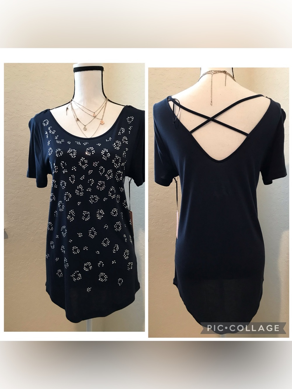 Juicy Couture Navy Blue Short Sleeve Scoop Neck Tunic with Silver Rhinestones